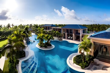 Fototapeta premium A serene pool nestled amidst palm trees at a luxurious resort, offering a tranquil oasis for relaxation and rejuvenation.