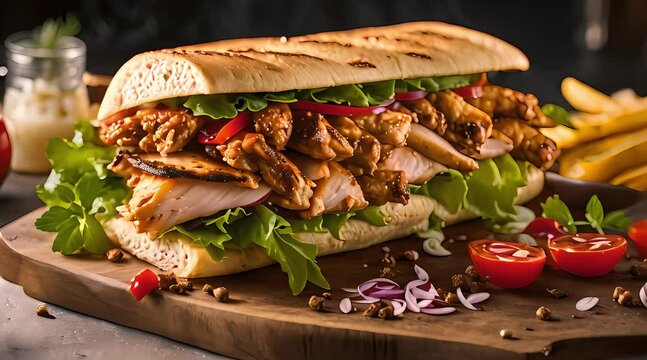 Savory Grilled Chicken Shawarma Doner Sandwich with Aromatic Spices and Beef. Concept Grilled Shawarma Doner, Savory Chicken, Aromatic Spices, Beef, Sandwich