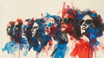 Vibrant watercolor portrait of diverse individuals in profile, showcasing colorful expressions and stylish sunglasses in a modern art style.