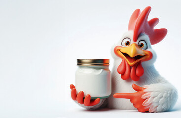 Anthropomorphic cute chicken pointing with finger on blank cream jar and standing isolated on white background. Copy space for text.
