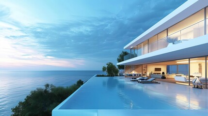 Fototapeta premium luxurious modern house with pool and parking overlooking a serene sea or ocean perfect for sale or rent 3d illustration
