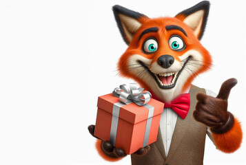 Anthropomorphic red fox with gift box and thumbs up gesture standing isolated on white background. Ideal for shop advertising or e-commerce. Copy space for text.
