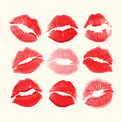 Vector set of red kisses prints. Red woman lips