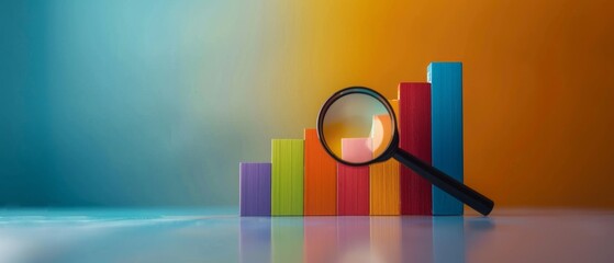 A colorful, minimalistic design of a bar graph with a magnifying glass focusing on a specific bar, no faces, on an isolated background with space for text