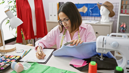 Focused young hispanic woman sewing in a bright workshop setup, illustrating a creative, small...
