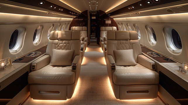 Business class in a superjet aircraft in coffee tones