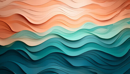Fototapeta premium Detailed view of a wave-like pattern created by layered gradient turquoise and peach color paper sheets, forming a textured background. Generative ai