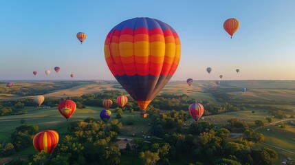 Fototapeta premium A stunning aerial view of a rainbow-colored hot air balloon festival, with dozens of balloons floating against a backdrop of clear blue skies, showcasing a bright and cheerful vist