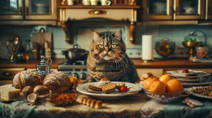 Obraz premium A cat enjoying a gourmet meal, with various pet treats arranged around its bowl in a luxurious kitchen.