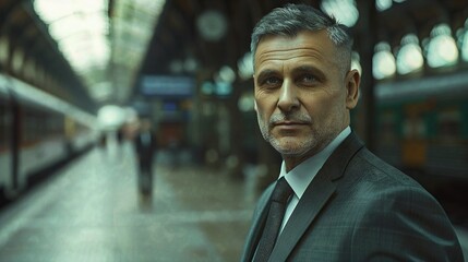 Naklejka premium Sophisticated Businessman in Coat at the Vibrant Train Station