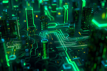 Obraz premium A green-themed illustration with a luminous digital city and interwoven circuit lines symbolizing connectivity