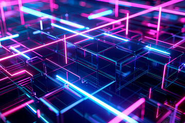 Obraz premium A maze of bright neon light cubes creates an intricate illustration, representing interconnected systems or networks