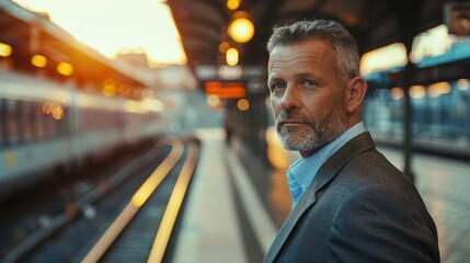Sophisticated Businessman in Coat at the Vibrant Train Station