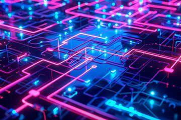 Obraz premium This illustration depicts complex pathways resembling electronic circuits, illuminated in neon on a dark field