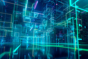 Fototapeta premium This illustration depicts abstract tunnels with vibrant neon lighting, symbolizing digital technology pathways