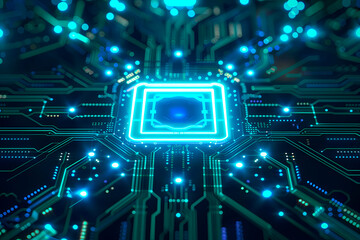 A 3D illustration of a futuristic central processing unit on a high-tech circuit board, surrounded by glowing elements