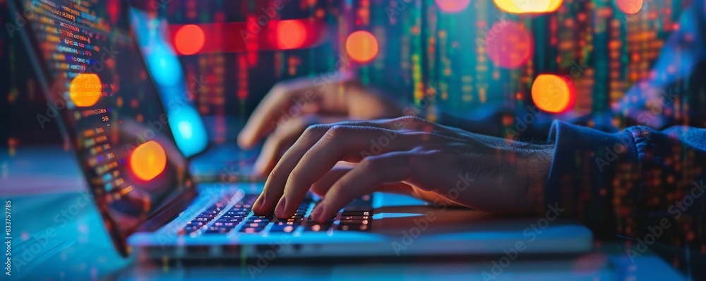 Poster computer hand close-up of businessman using digital technology in the digital world in a futuristic 