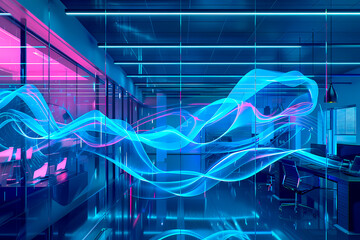 This illustration showcases a calm yet dynamic flow of blue neon waves seamlessly integrated into a modern office environment