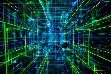 A vivid and intricate illustration of neon green grid lines creating an immersive 3D digital space with a sense of depth