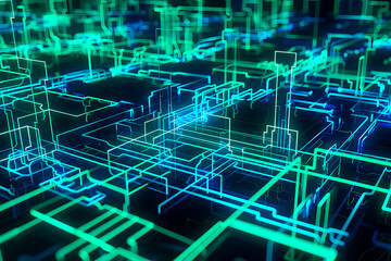 Illustration of a futuristic, abstract concept of a city resembling a circuit board with neon blue lights and patterns