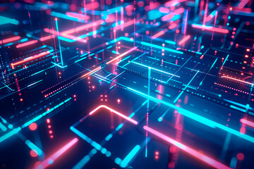 Obraz premium This illustration features colorful neon lights forming network pathways in a digital space with a sense of depth