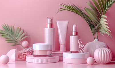 Make up products presented on white podiums on pink pastel background