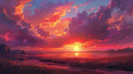 Fototapeta premium An enchanting sunset scene, with the sky ablaze with hues of pink, orange, and purple, casting a warm glow over a serene landscape, creating a captivating and memorable moment.