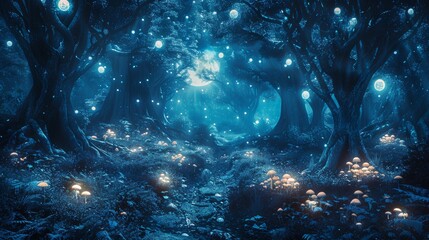 An enchanting scene of a mystical forest bathed in ethereal moonlight, with glowing, floating orbs of light and whimsical, glowing mushrooms scattered among the trees, evoking a se