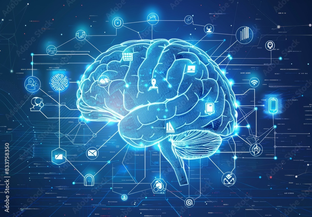 Poster graph design with electronic circuit and binary code background. wireframe brain connect with artifi