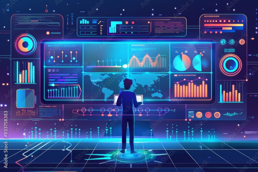 Poster businessman or data scientist working on laptop with business dashboard analytics chart metrics kpi 