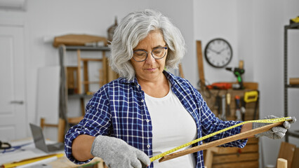 A mature woman measures wood with a tape in a workshop.