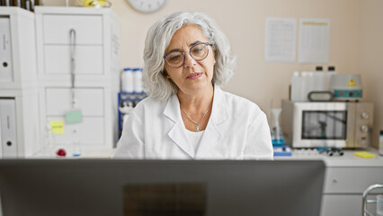 Mature woman scientist works in a laboratory setting, surrounded by equipment, looking at a...