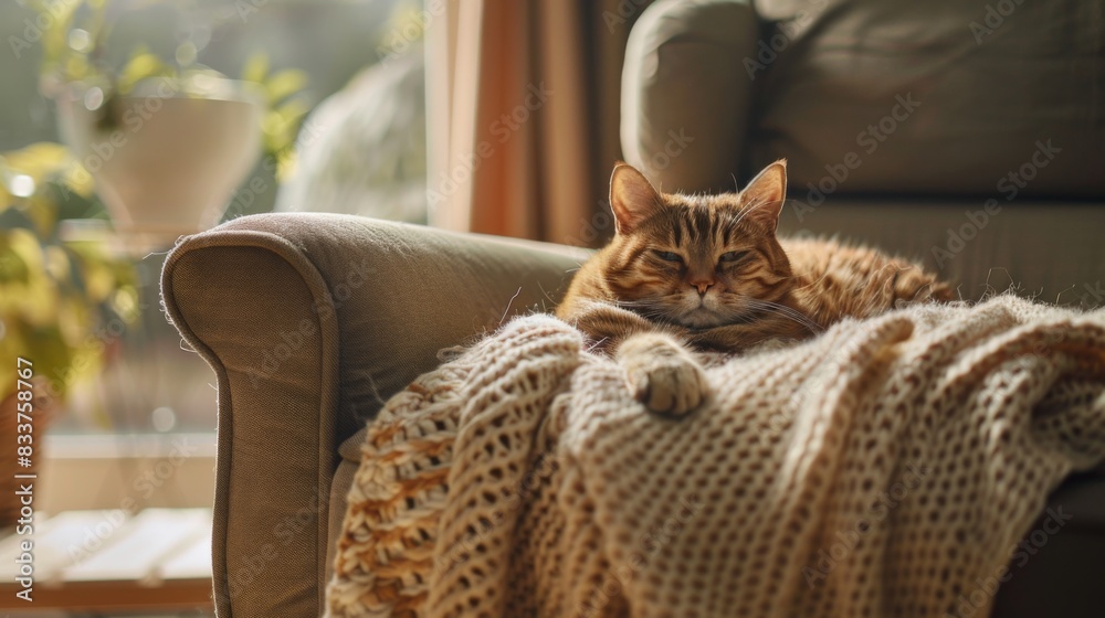 Poster a chubby cat lounging on a large, comfortable armchair, with a soft blanket draped over the side.