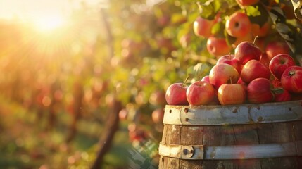 Abundant apple harvest overflowing from a rustic barrel. Wooden barrel overflowing with ripe, red apples.