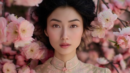 Fototapeta premium A model wearing a floral dress poses amidst a blooming cherry blossom tree