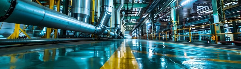 Fototapeta premium factory with blue pipes and a shiny floor.