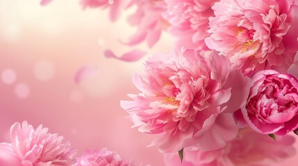 Fototapeta premium Beautiful pink peonies background image, floral banner, wallpaper. Close-up photo of pink peonies in full bloom, soft bokeh effect.