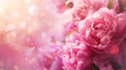 Obraz premium Beautiful pink peonies background image, floral banner, wallpaper. Close-up photo of pink peonies in full bloom, soft bokeh effect.