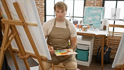 A contemplative young man with a beard, possibly an artist, sits in a well-lit studio surrounded by art supplies and canvases.