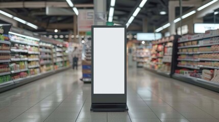 Fototapeta premium Supermarket advertising mockup template, blank signage display. Empty shelf signage, product display stand, or promotional banner.