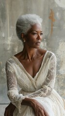 A Black woman model poses in a white lace gown