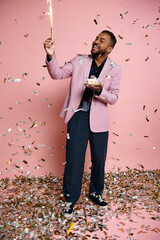 Bright sparkler held by a happy young African American man in a pink jacket against a vibrant...