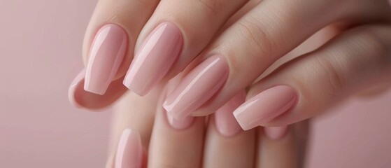 Fototapeta premium Neutral gel polish manicure on square nails, elegant hand close-up. Beautiful square nails with trendy neutral gel polish colors.