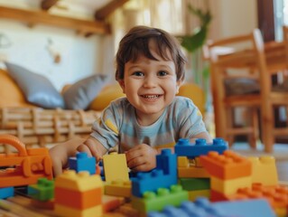A young kid playing with blocks at home, generated by artificial intelligence