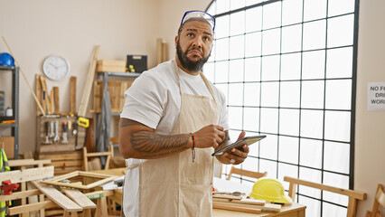 Handsome black man in a carpentry workshop using a tablet for work-related tasks, surrounded by wooden furniture and tools.