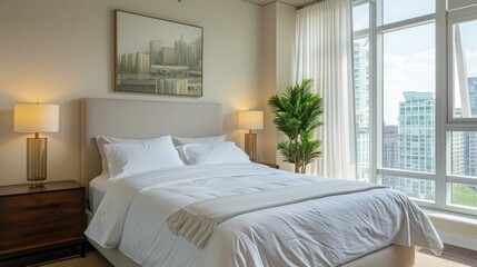 A neatly arranged modern bedroom with white bedding and a view of the city from a bright, comfortable apartment setting.