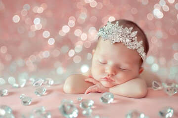 Fototapeta premium Newborn baby sleeping among diamonds on pastel background. Little treasure, dreaming baby sweet child, cozy sleep.