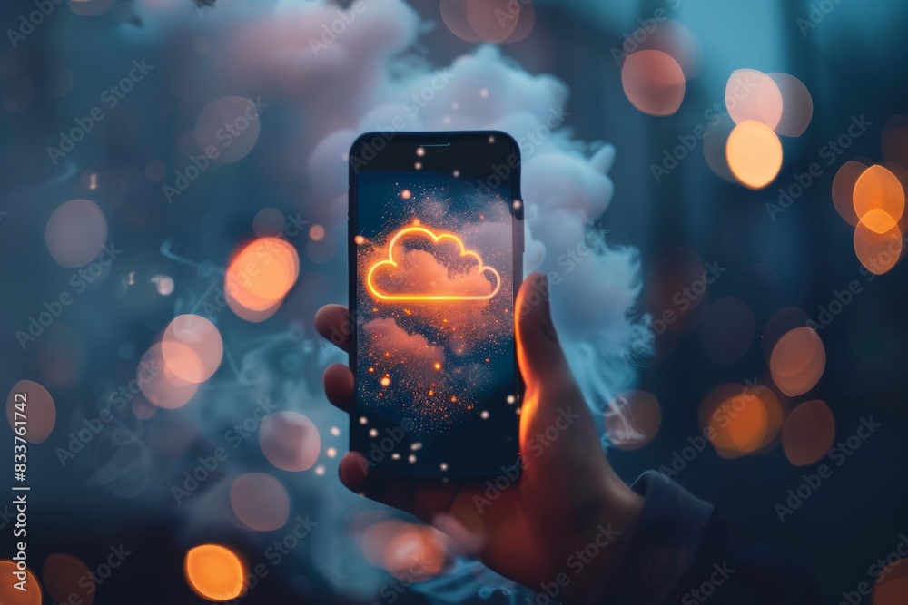 Poster virtual cloud computing concept showing businessman holding mobile phone to transfer data informatio