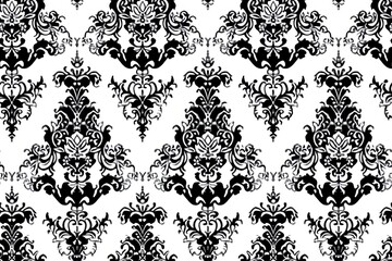 Seamless damask design in black and white, bold and intricate, soft shadows, topdown