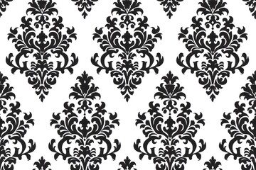 Seamless damask design in black and white, bold and intricate, soft shadows, topdown
